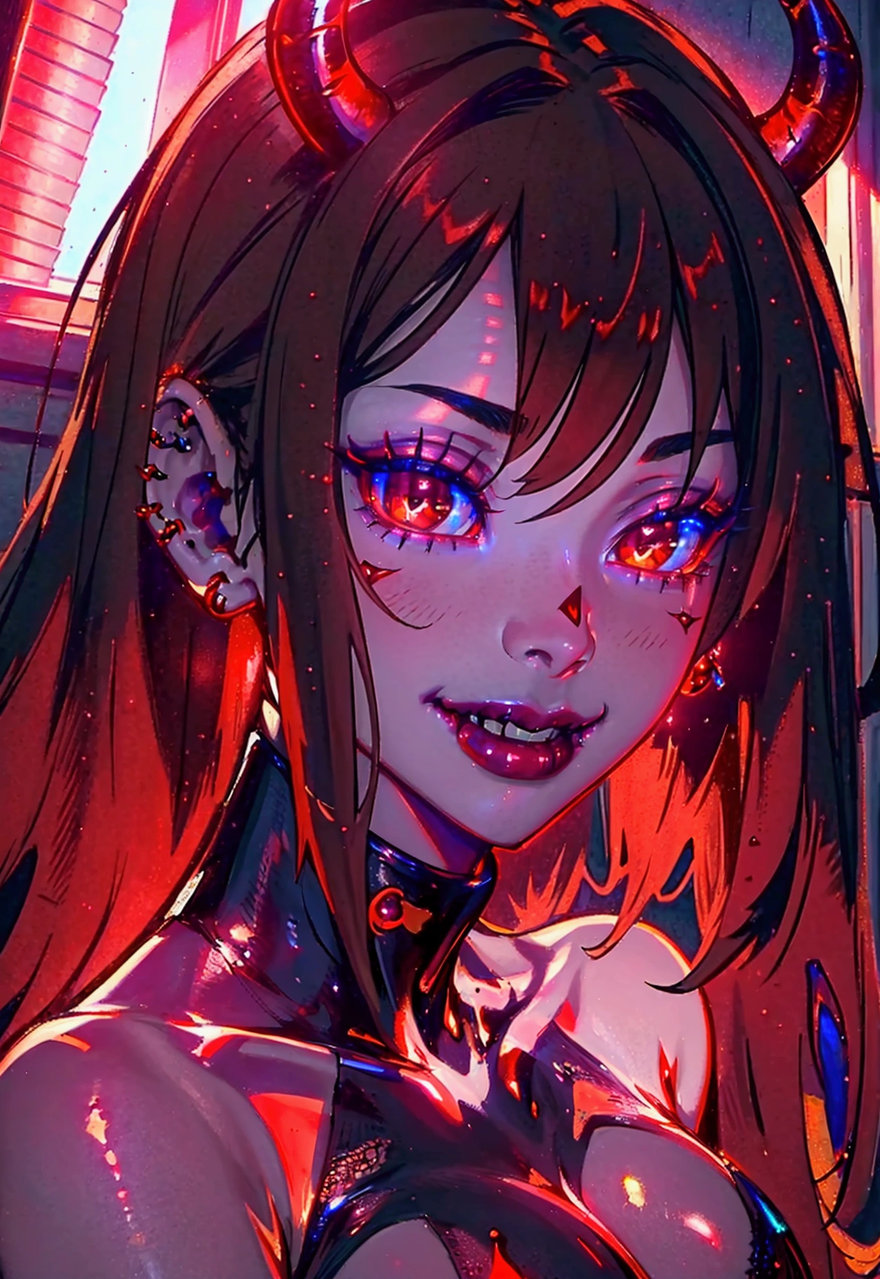 (nsfw, masterpiece), (best quality), (ultra detailed), (4K), (HD) , best quality, best lighting, best shadow, highly detailed, vibrant, 1girl, demon women, succubus, beautiful women, crimson piercing eyes, piercing, dark hair, a wicked smile playing on her lips,