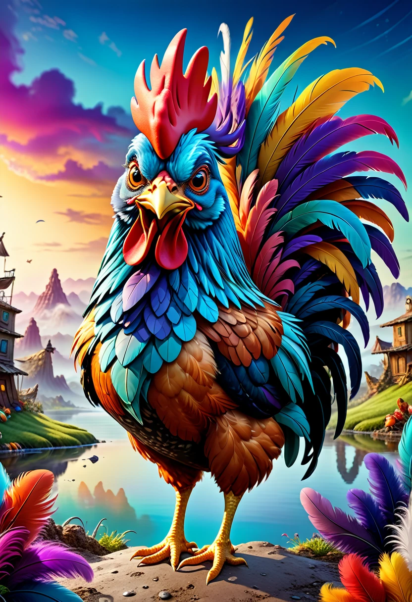 a high quality professional photo of a (crazy chicken) in an 8k resolution, hyper detailed, surreal artwork, vibrant colors, fantasy landscape, exaggerated features, whimsical design, digital painting, detailed feathers, surrealistic environment