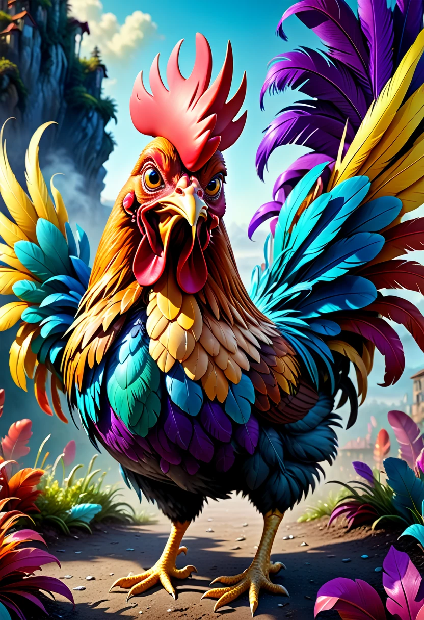 a high quality professional photo of a (crazy chicken) in an 8k resolution, hyper detailed, surreal artwork, vibrant colors, fantasy landscape, exaggerated features, whimsical design, digital painting, detailed feathers, surrealistic environment