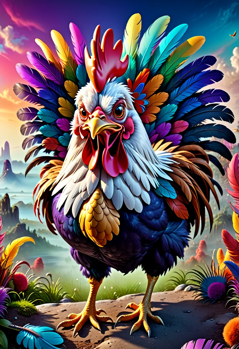 a high quality professional photo of a (crazy chicken) in an 8k resolution, hyper detailed, surreal artwork, vibrant colors, fantasy landscape, exaggerated features, whimsical design, digital painting, detailed feathers, surrealistic environment