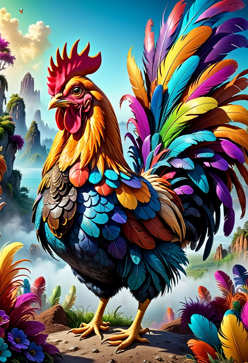 a high quality professional photo of a (crazy chicken) in an 8k resolution, hyper detailed, surreal artwork, vibrant colors, fantasy landscape, exaggerated features, whimsical design, digital painting, detailed feathers, surrealistic environment