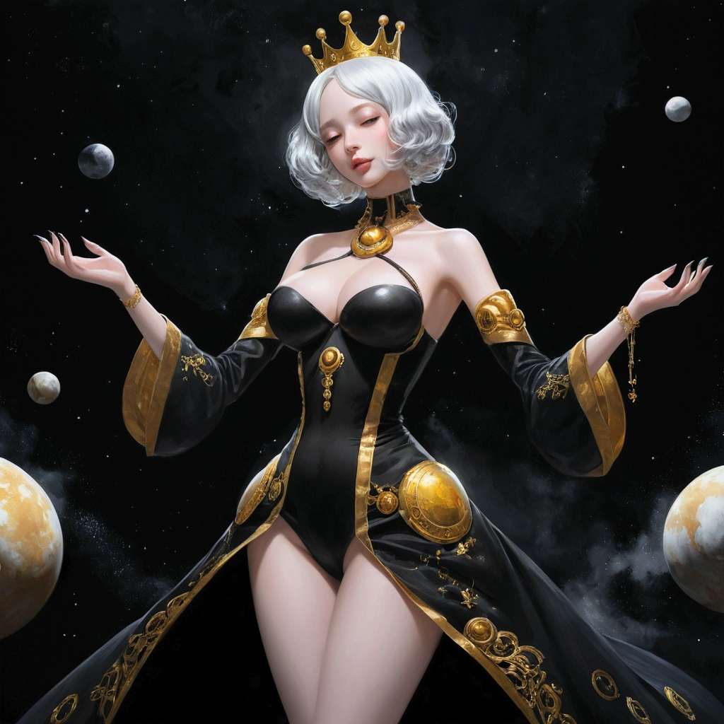 score_9, score_8_up, score_7_up, score_6_up, source_oil_painting, futanari, solo, black background, steam floating, space, doll joints, android, queen, saggy_breasts, golden black nails, black dress, faceless