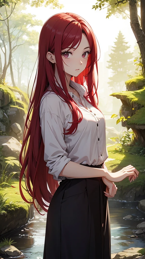 Gal、Bad mood、Red hair、Around 25 years old、Anime style illustrations、In nature