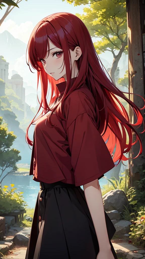 Gal、Bad mood、Red hair、Around 25 years old、Anime style illustrations、In nature