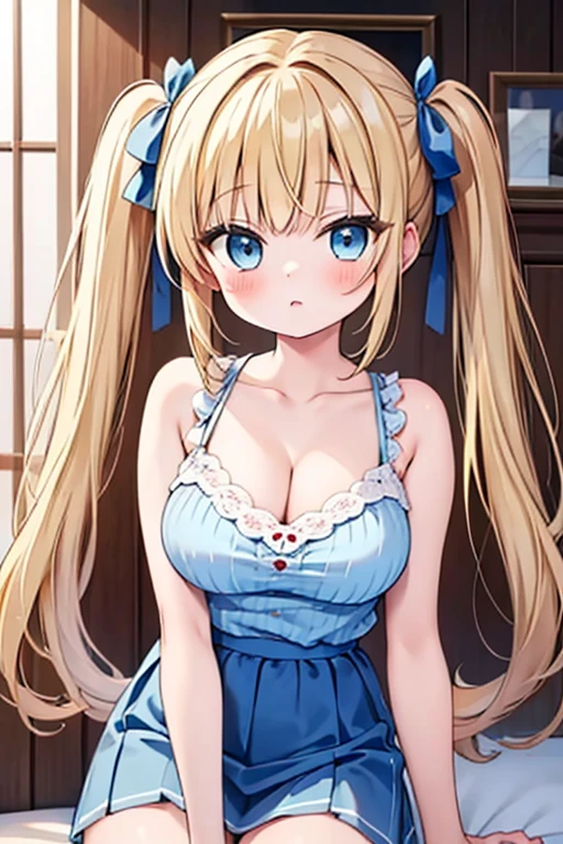 Highest quality,masterpiece,8k,Blonde with blue eyes、camisole、mini skirt,Cleavage,Side are visible,Large Breasts、Twin tails、Girl Brat,