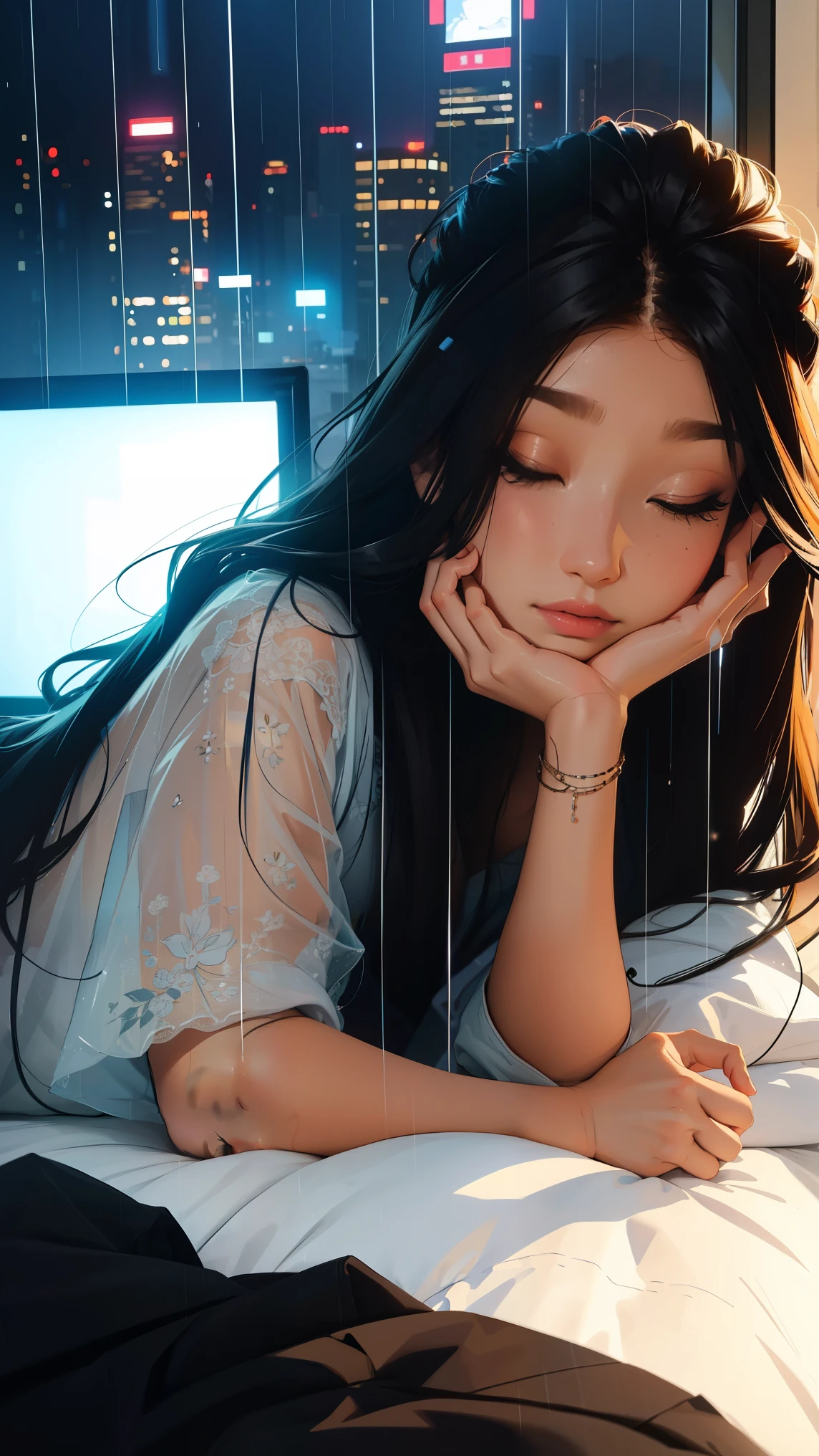 Sleeping in bed at home,There is a TV,Outside the window, the night rain,beautiful girl, UHD Portrait, (high quality) (Super detailed) Observation of viewers wearing hip-hop street fashion; different, colorful, Long hair in color 🌈