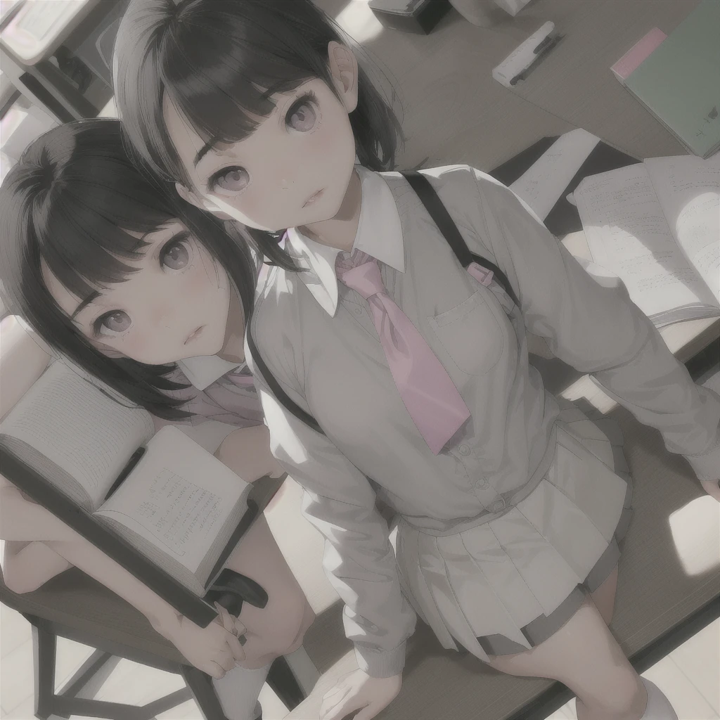 Asian teen, sharp face, small nose, pink small lips, grey asian eyes, grey short bangs, white school shirt, pink short tie, grey short skirt, short white socks, black fancy shoes, writing in a book on a classroom table