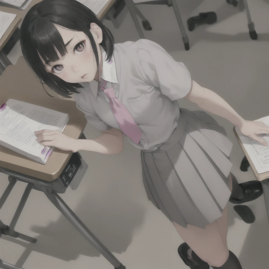 Asian , sharp face, small nose, pink small lips, grey asian eyes, grey short bangs, white school shirt, pink short tie, grey short skirt, short white socks, black fancy shoes, writing in a book on a classroom table