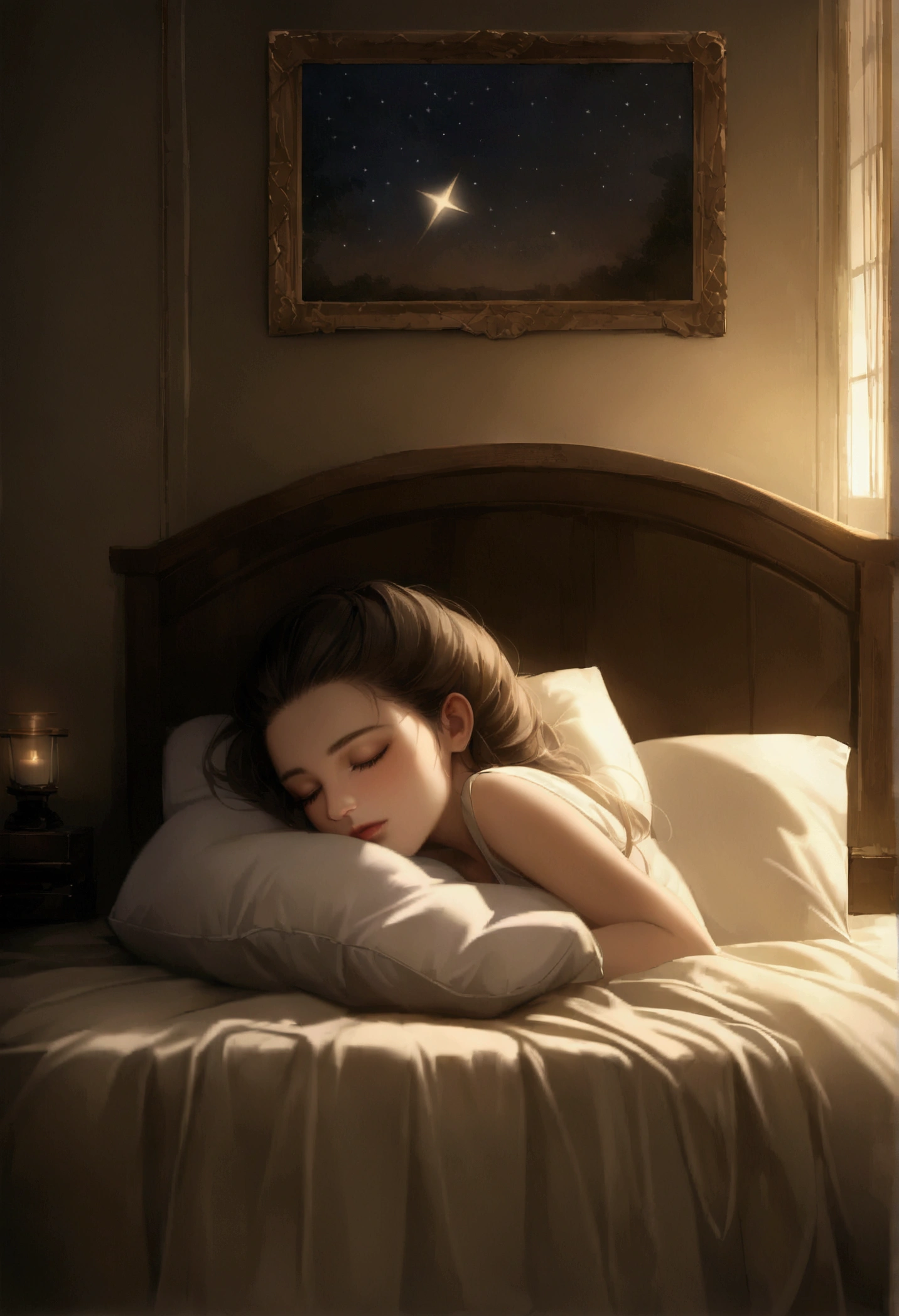 (Peaceful Dreams,夜のTranquility,Tranquility,peaceful sleep),(Highest quality,Very detailed,Realistic),(Painting),(Shining Star,Gentle moonlight),(Soft pillow,Comfortable bed,Dreamy atmosphere),(Tranquility,Luxurious sleep),(Peaceful and serene),(Subtle colors,Dark and warm tones),(Good soft and diffused lighting