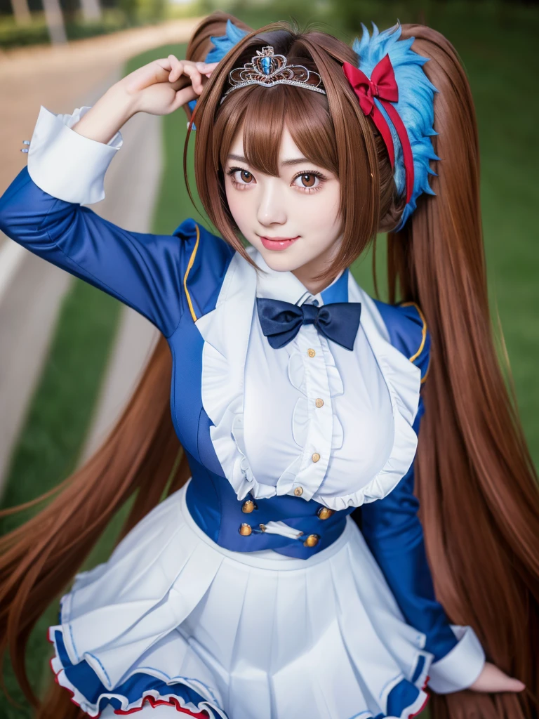 daiwa scarlet, brown hair, hair intake, red eyes, long hair, twintails, animal ears, horse girl,
BREAK (Highest quality, 16K, masterpiece:1.55), Ultra detailed face, Detailed lips, Detailed eyes, double eyelid,
BREAK (Happy smile), upper body, (Seductive pose:1.6), (low angle shot, dutch angle, dynamic angle:1.5),
BREAK 1girl, 18years old, full Breasts, Lanky Height, (big hips:1.35),
BREAK tiara, Horse tail, Epaulettes, Garter Straps, Long sleeve, Large Breasts, Red eyes, bow tie, Puff sleeves, Blue jacket, White knee socks, Center frill, White shirt, White Skirt, Blue Skirt, Hair Ribbon,