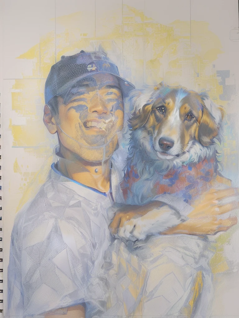 arafed man holding a dog in his arms in front of a net, paul kwon, taejune kim, gunwoo kim and j.dickenson, canines sports photo, (((luke chueh))), joongwon charles jeong, michael okuda, kazuya takahashi, john park and greg rutkowski, ken ishikawa, evan lee