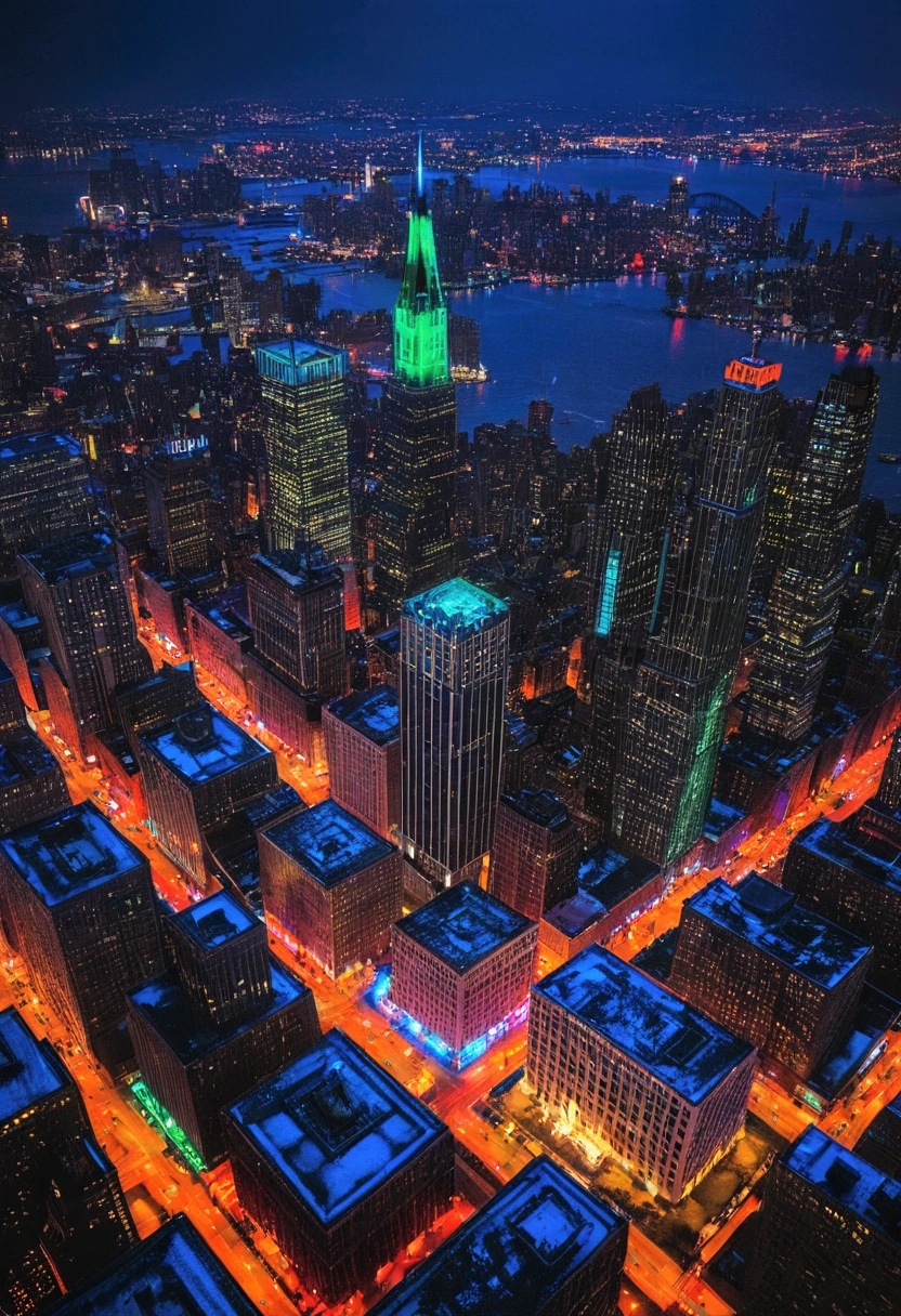 Aerial view of Gotham City，night，Neon lights，drizzle