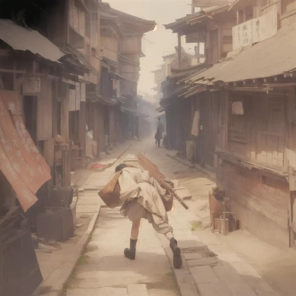 There is a picture of a man walking down the street., Gwaiz, artwork in the style of Gwaiz, Inspired by Carl Spitzweg, by Han Gan, Jan J, Gwaiz on pixiv artstation, Gwaiz and makoto shinkai, The ancient street behind her, Beautiful artwork illustration, Gwaiz masterpieceBlazing flames, fire, crowd, throng, freezing, mother warming her baby.Scenery and Cityscape in the Early Meiji Era After the Meiji Restoration, Japan underwent rapid modernization and civilization. Consequently, many changes and reforms occurred. Below is a detailed explanation of the scenery, appearance of the poor, occupations, and cityscapes in the early Meiji period (1868 to the early 1880s). 2. Appearance of the Poor Life for the impoverished and lower classes remained harsh. In particular, in urban areas, people migrated from rural areas or unemployed artisans gathered, intensifying competition in the labor market. Many of them struggled with poverty, often residing in slums or around temples. 3. Occupations Meiji early Japan witnessed a diversification of occupations. Traditional agriculture and handicrafts were accompanied by the rise of modern industry and commerce. Particularly in urban areas, factory workers, shop clerks, and transporters increased, giving rise to new professions. However, many in these occupations endured harsh working conditions. 4. Influence of Civilization and Enlightenment During the Meiji era, Western cultural influences spread rapidly. Changes in clothing, dietary habits, and the proliferation of Western-style architecture advanced, especially in urban areas. Conversely, this development posed a threat to traditional culture and lifestyles, resulting in societal upheaval and adaptation challenges. 5. Social Change and Policy Influence While promoting modernization policies, the government also addressed poverty and social issues. Legislation for labor protection and charitable activities to aid the poor were implemented. Nevertheless, living conditions for the impoverished scarcely improved. The early Meiji period marked a rapid transforma