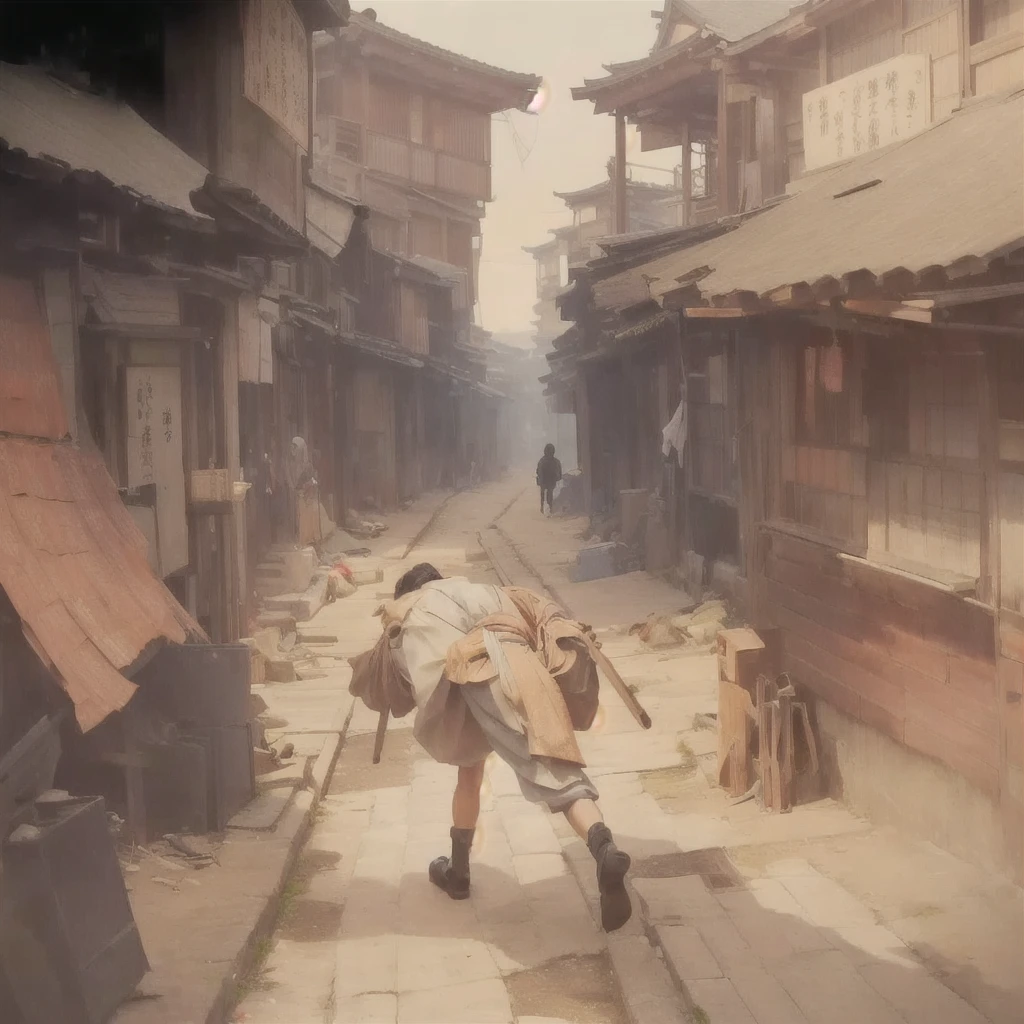 There is a picture of a man walking down the street., Gwaiz, artwork in the style of Gwaiz, Inspired by Carl Spitzweg, by Han Gan, Jan J, Gwaiz on pixiv artstation, Gwaiz and makoto shinkai, The ancient street behind her, Beautiful artwork illustration, Gwaiz masterpieceBlazing flames, fire, crowd, throng, freezing, mother warming her baby.Scenery and Cityscape in the Early Meiji Era After the Meiji Restoration, Japan underwent rapid modernization and civilization. Consequently, many changes and reforms occurred. Below is a detailed explanation of the scenery, appearance of the poor, occupations, and cityscapes in the early Meiji period (1868 to the early 1880s). 2. Appearance of the Poor Life for the impoverished and lower classes remained harsh. In particular, in urban areas, people migrated from rural areas or unemployed artisans gathered, intensifying competition in the labor market. Many of them struggled with poverty, often residing in slums or around temples. 3. Occupations Meiji early Japan witnessed a diversification of occupations. Traditional agriculture and handicrafts were accompanied by the rise of modern industry and commerce. Particularly in urban areas, factory workers, shop clerks, and transporters increased, giving rise to new professions. However, many in these occupations endured harsh working conditions. 4. Influence of Civilization and Enlightenment During the Meiji era, Western cultural influences spread rapidly. Changes in clothing, dietary habits, and the proliferation of Western-style architecture advanced, especially in urban areas. Conversely, this development posed a threat to traditional culture and lifestyles, resulting in societal upheaval and adaptation challenges. 5. Social Change and Policy Influence While promoting modernization policies, the government also addressed poverty and social issues. Legislation for labor protection and charitable activities to aid the poor were implemented. Nevertheless, living conditions for the impoverished scarcely improved. The early Meiji period marked a rapid transforma