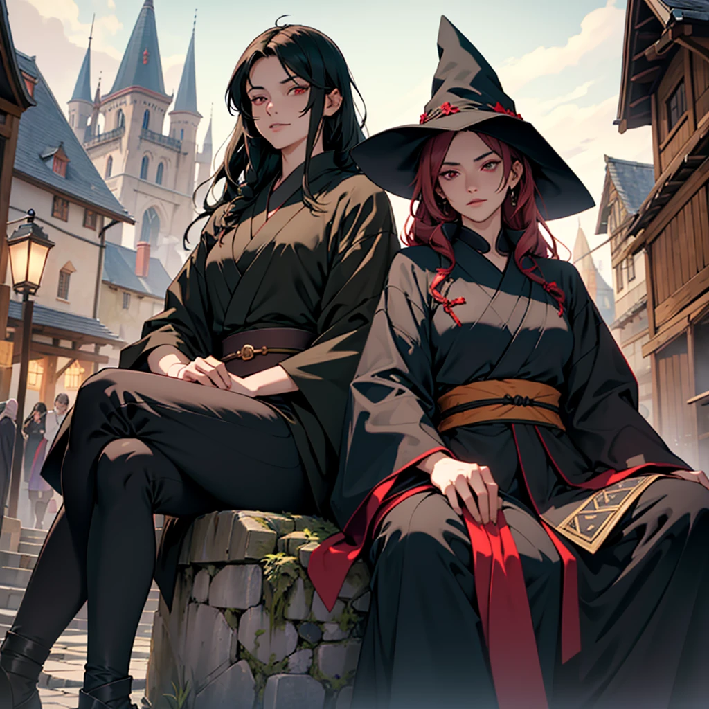 make a 29 year old witch girl with long dark hair and light red eyes wearing a black tunic and a witch hat sitting next to a 30 year old boy with short green hair and light eyes wearing a kimono in front of a medieval square with people and a castle in the background