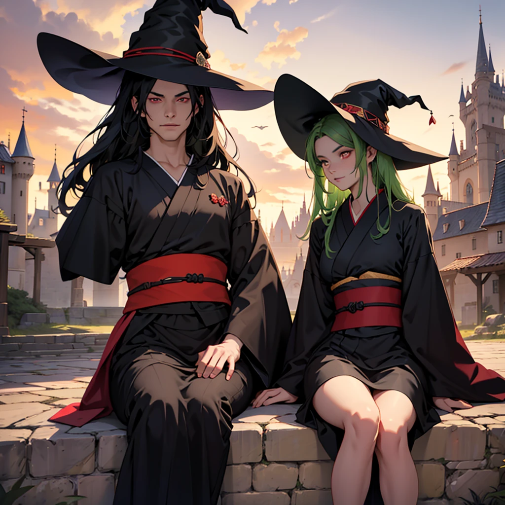 make a 29 year old witch girl with long dark hair and light red eyes wearing a black tunic and a witch hat sitting next to a 30 year old boy with short green hair and light eyes wearing a kimono in front of a medieval square with people and a castle in the background