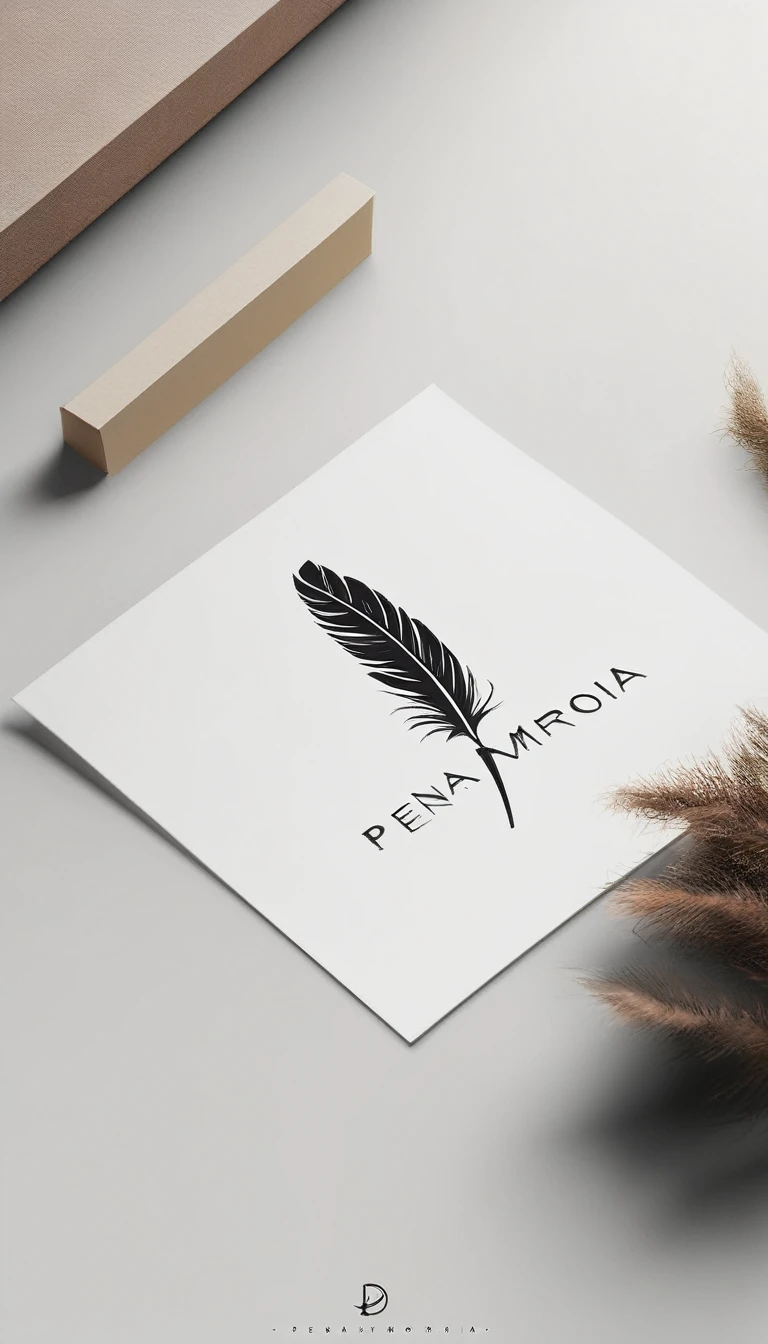 A minimal, modern, simple, cinematic logo design for the brand “Penamemoria". Create a modern, minimalistic, high-quality, masterpiece, fantastic, poetic feather that symbolizes dreams and stories.