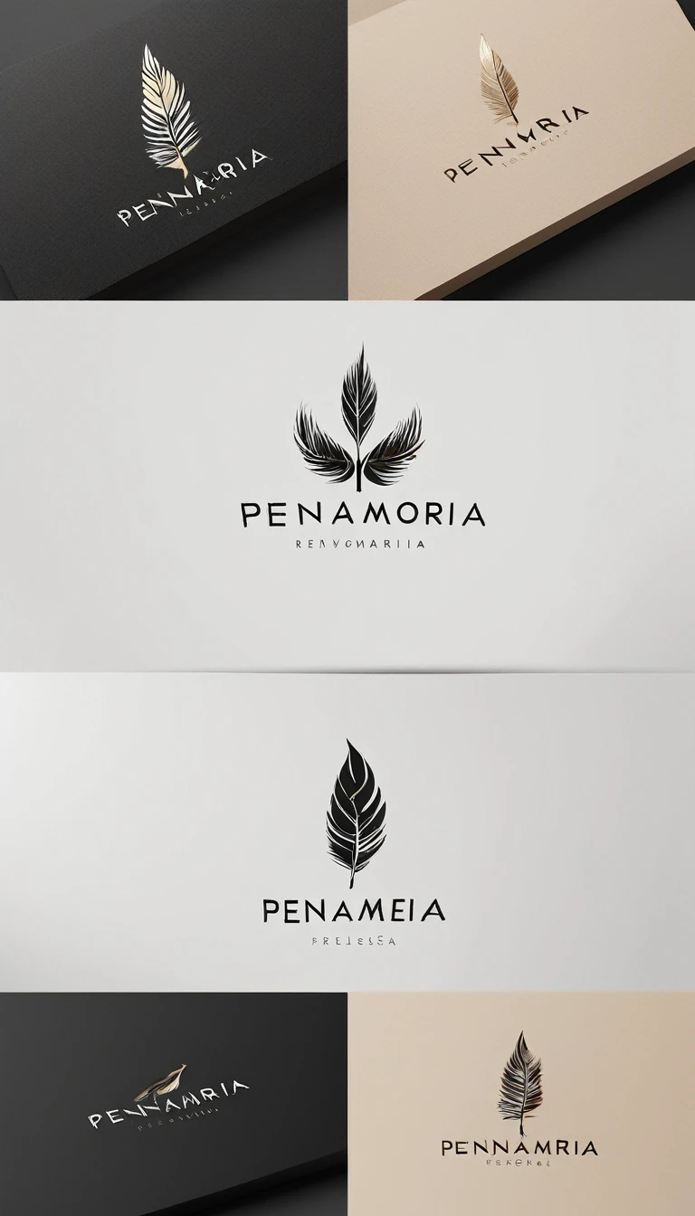 A minimal, modern, simple, cinematic logo design for the brand “Penamemoria". Create a modern, minimalistic, high-quality, masterpiece, fantastic, poetic feather that symbolizes dreams and stories.