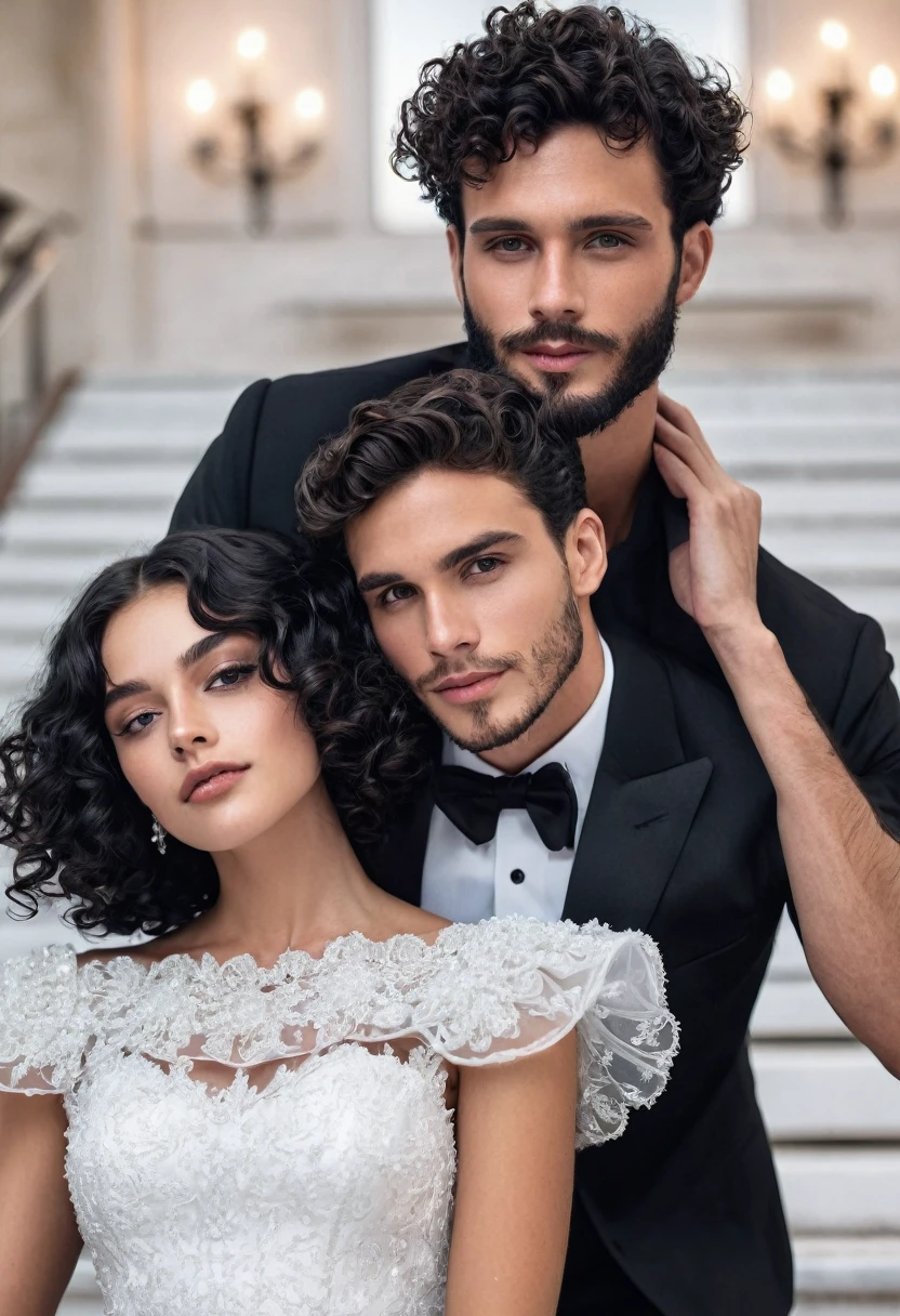 You can create an image of a handsome young man with a fine face, clear skin, hair a little dark black, barba, black gala dress, junto de una chica de clear skin, black curly hair, with a white mecon, dressed in white gala 