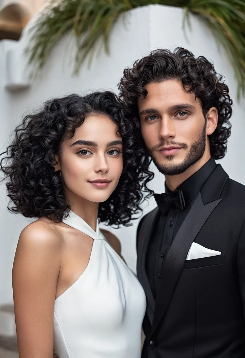 You can create an image of a handsome young man with a fine face, clear skin, hair a little dark black, barba, black gala dress, junto de una chica de clear skin, black curly hair, with a white mecon, dressed in white gala
