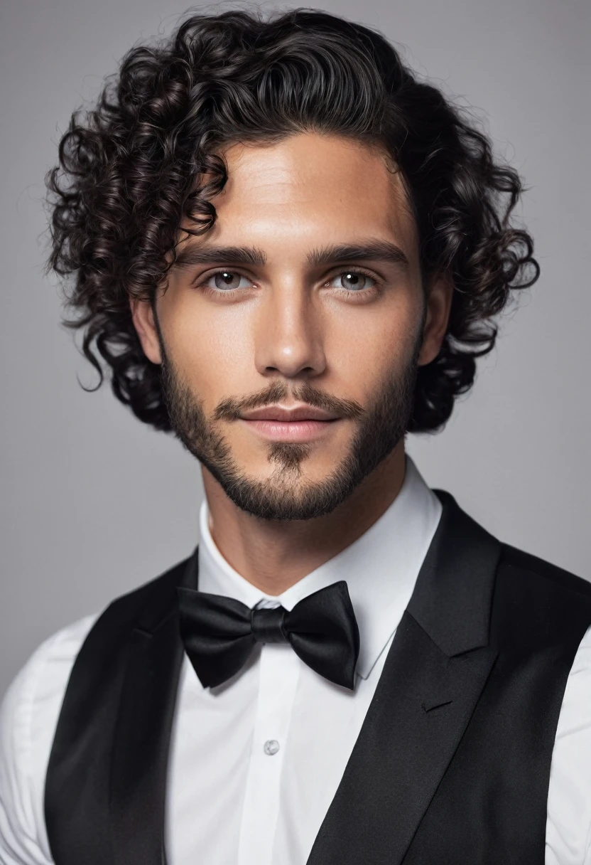 You can create an image of a handsome young man with a fine face, clear skin, hair a little dark black, barba, black gala dress, junto de una chica de clear skin, black curly hair, with a white mecon, dressed in white gala 