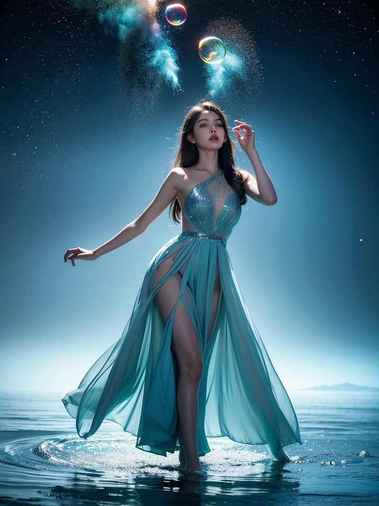 Young woman wearing a dress entirely made of transparent flowing water. Fluid, cascading gown with dynamic water movement. Large soap bubble-like spheres incorporated into the water fabric, creating a mesmerizing blend of flowing liquid and delicate bubble structures. Dynamic poses, dancing, Shimmering, iridescent water surface with rainbow reflections on bubble areas. Water drops of various sizes forming the dress's texture. High-detail photography, fantasy concept art style. Simple plain light blue background. Flowing water in space.