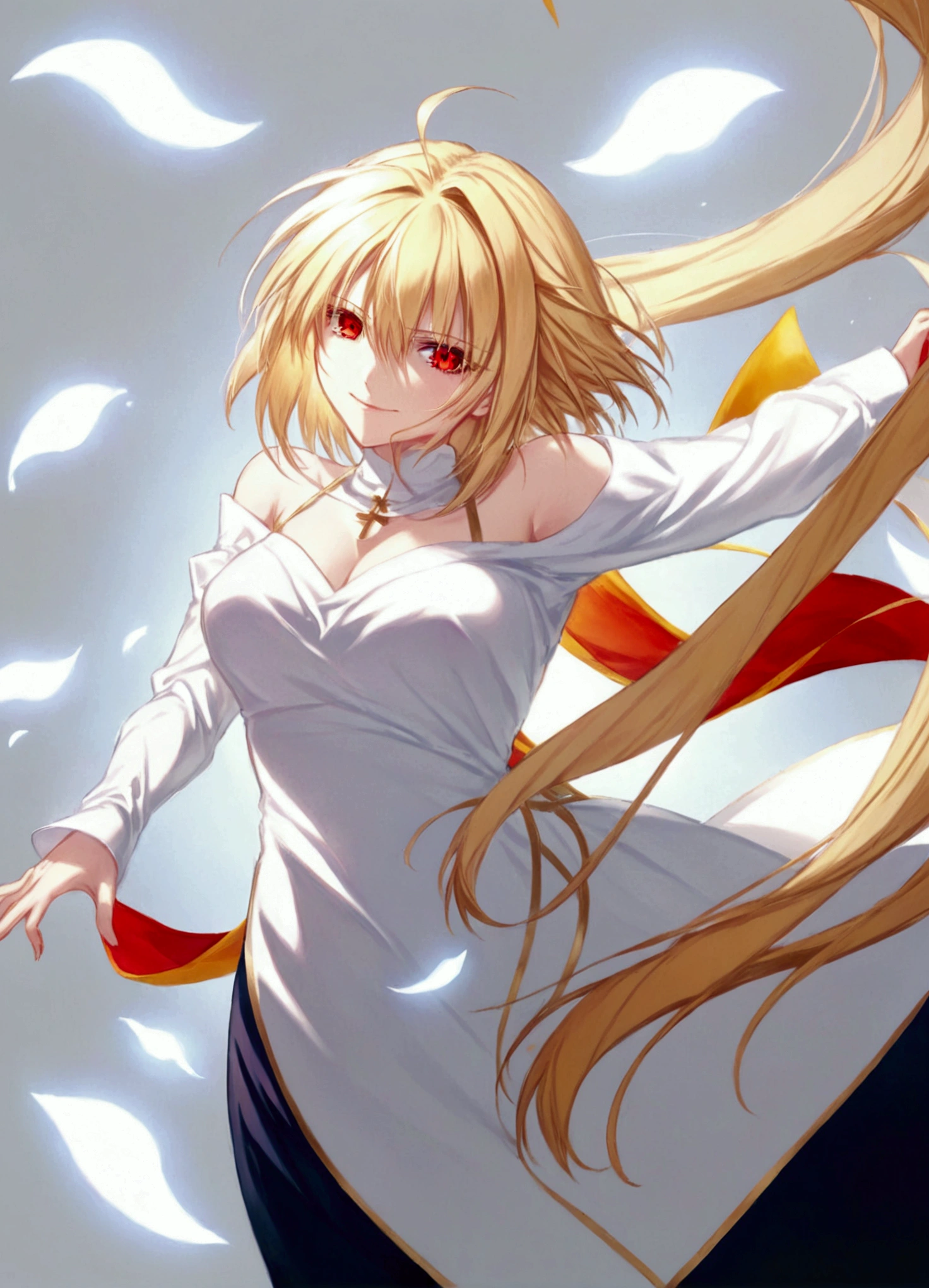 1girl, arcueid brunestud, red eyes, blonde hair, solo, breasts, evil smile, arcueid