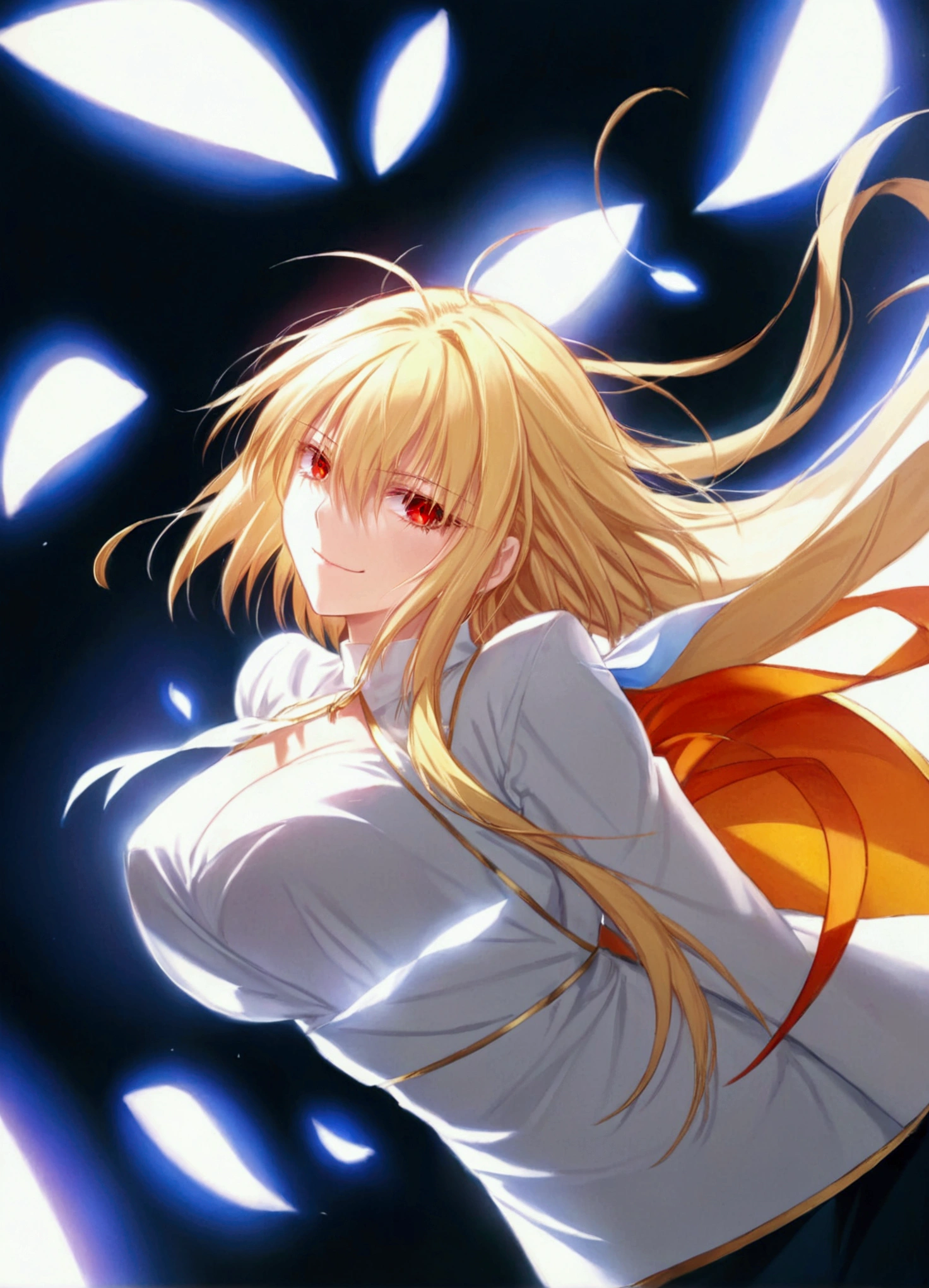 1girl, arcueid brunestud, red eyes, blonde hair, solo, breasts, evil smile, arcueid