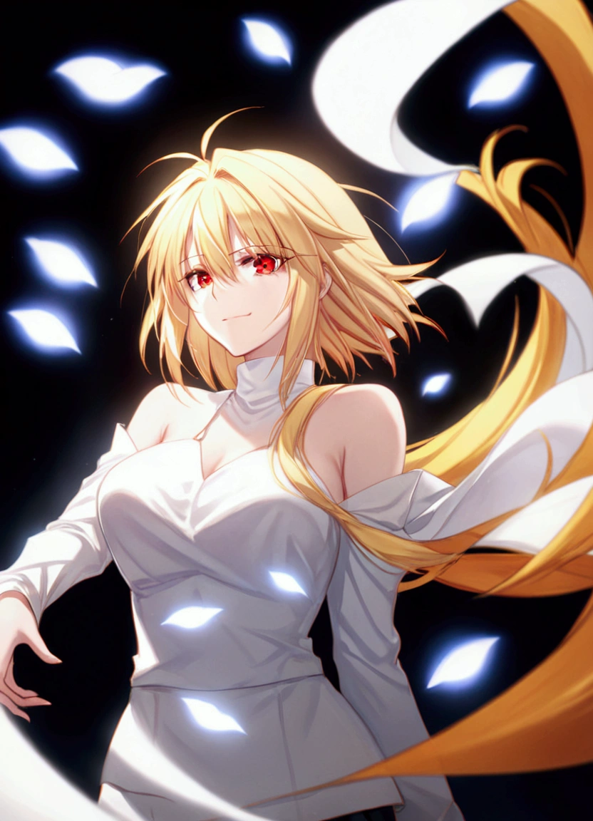 1girl, arcueid brunestud, red eyes, blonde hair, solo, breasts, evil smile, arcueid