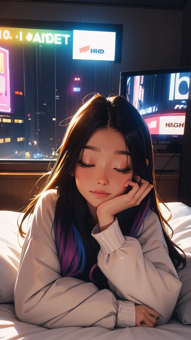 Sleeping in bed at home,There is a TV,Outside the window, the night rain,beautiful girl, UHD Portrait, (high quality) (Super detailed) Observation of viewers wearing hip-hop street fashion; different, colorful, Long hair in color 🌈
