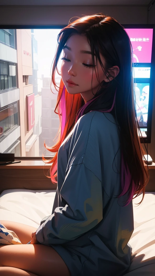 Sleeping in bed at home,There is a TV,Outside the window, the night rain,beautiful girl, UHD Portrait, (high quality) (Super detailed) Observation of viewers wearing hip-hop street fashion; different, colorful, Long hair in color 🌈