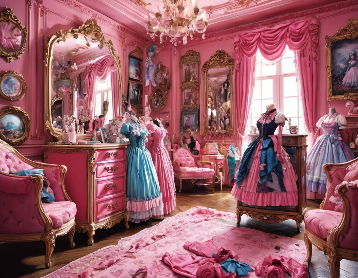 8k, 超High resolution, High resolution, Cinematic, Cinematic image, Intricate details, Realistic, photograph,

Fantasy art style, fashion store、Luxury furniture、A store selling Lolita fashion clothes、Cute clothes、Cute furniture、mirror、mirror台、Lolita clothes on display、Lots of clothes、Pink Room、

Vibrant Style, Flowing and intermingling colors. Airbrush painting.


