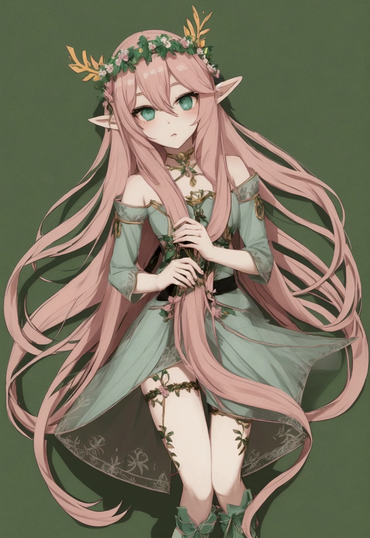 beautiful elf, long pink hair and blue streaks hair, green eyes, with flower crown, holding a lyre, full body, black boots