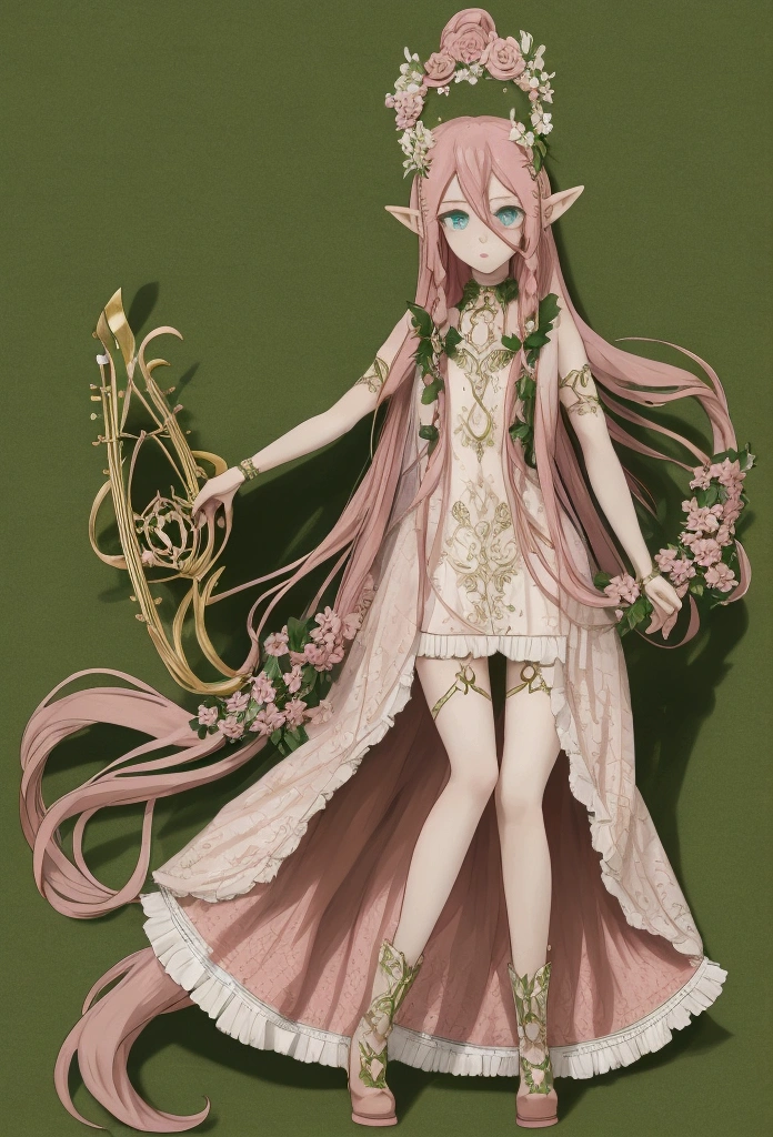 beautiful elf, long pink hair and blue streaks hair, green eyes, with flower crown, holding a lyre, full body, black boots