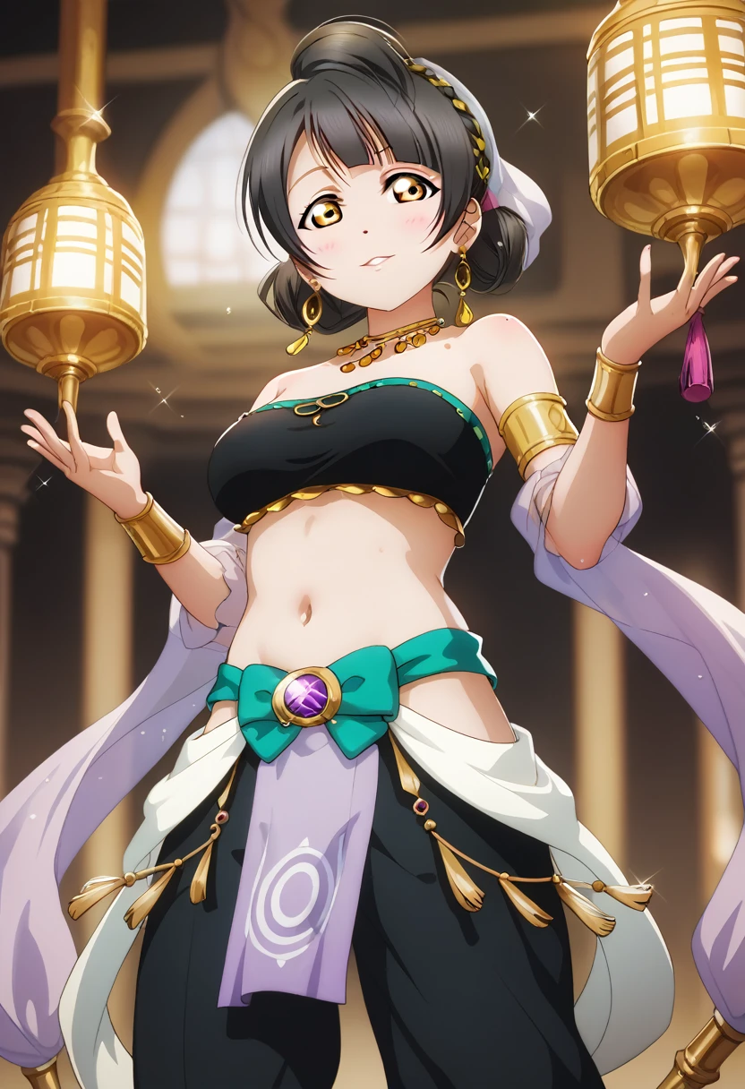 masterpiece, best quality, highres, minami kotori,black hair, looking at viewer, 
love live!, strapless top,harem pants , pelvic curtain,busty breasts , hourglass figure , Pharos pose, front view , standing 