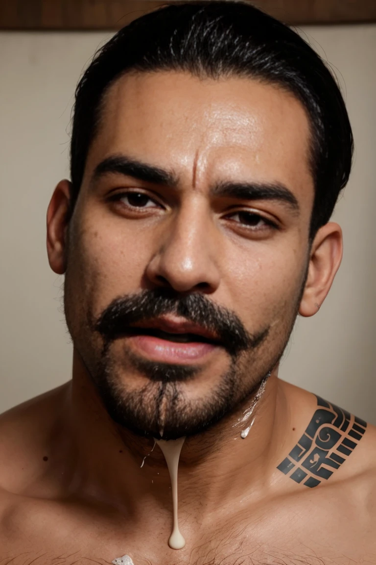 there is a man that is getting his face shaved by a man, spit flying from mouth, cream dripping on face, clean brutal blooded face, tiktok video, spitting cushions from his mouth, face melting, facial, perfect facial detail, ymmm and that smell, extreme facial detail, indian master, with a gullet at the end, focus on facial - detail!!!!!!