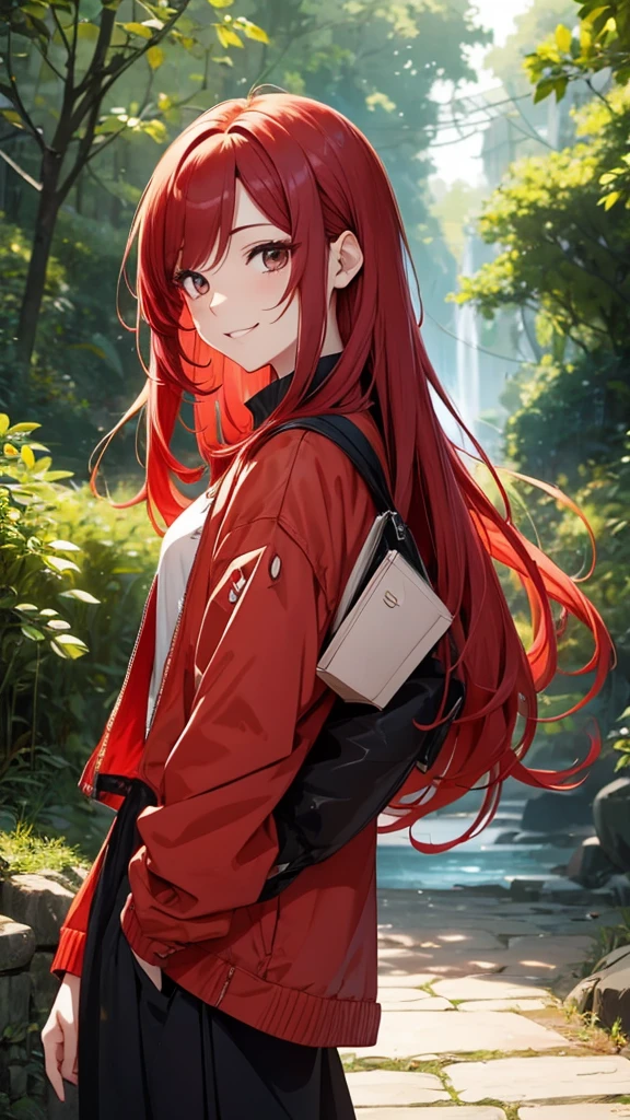 Gal、Half-laugh、Red hair、Around 25 years old、Anime style illustrations、In nature