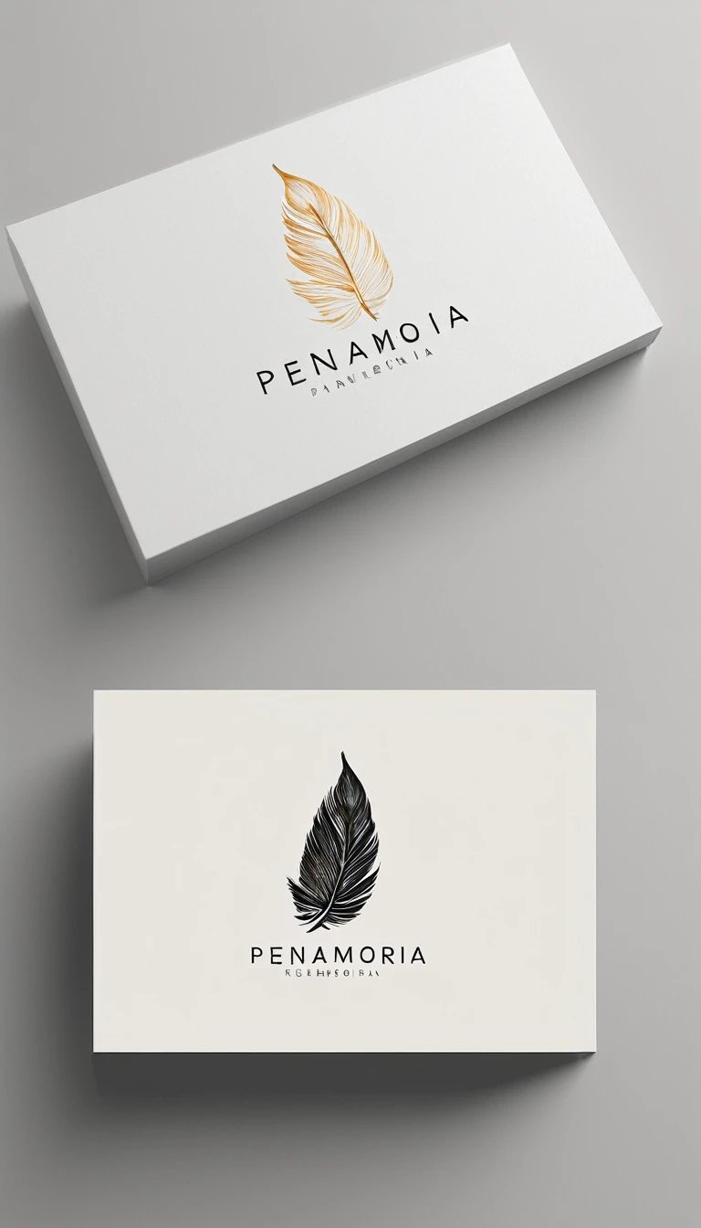A minimal, modern, simple, cinematic logo design for the brand “Penamemoria". Create a modern, minimalistic, high-quality, logo of a feather that convey a sense of memories and dreams.
