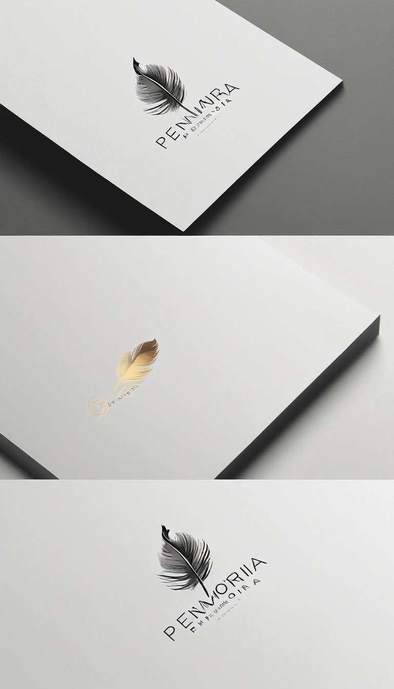 A minimal, modern, simple, cinematic logo design for the brand “Penamemoria". Create a modern, minimalistic, high-quality, logo of a feather that convey a sense of memories and dreams.
