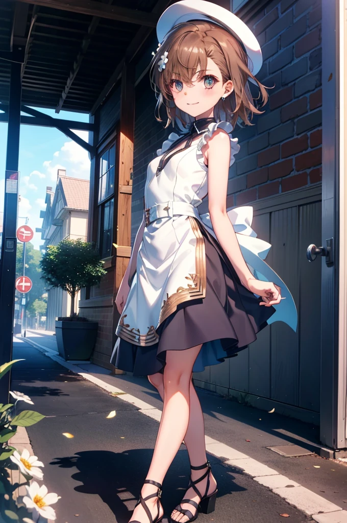 Mycotrose, Brown eyes,Brown Hair,short hair,One side up,Small breasts,Flower Hair Ornaments,happy smile, smile, Open your mouth,Sleeveless dress,Long skirt,Heeled Sandals,Walking,whole bodyがイラストに入るように, break looking at viewer, whole body, break outdoors, Coastal street with buildings, break (masterpiece:1.2), Highest quality, High resolution, unity 8k wallpaper, (shape:0.8), (Beautiful and beautiful eyes:1.6), Highly detailed face, Perfect lighting, Extremely detailed CG, (Perfect hands, Perfect Anatomy),
