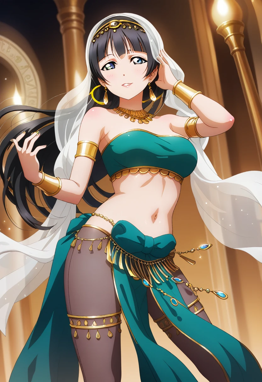 masterpiece, best quality, highres, mature woman, milf,black hair, Cleopatra, long black hair, looking at viewer, 
love live!, strapless top,harem pants , pelvic curtain,busty breasts , hourglass figure , Pharos pose, front view , standing 