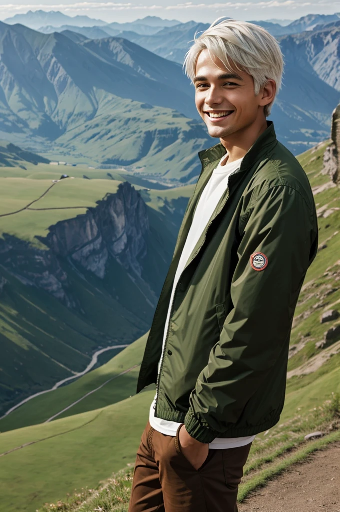 A boy with a balloon wearing a green jacket and brown pants,white hair smiling on a background with a pretty anime landscape