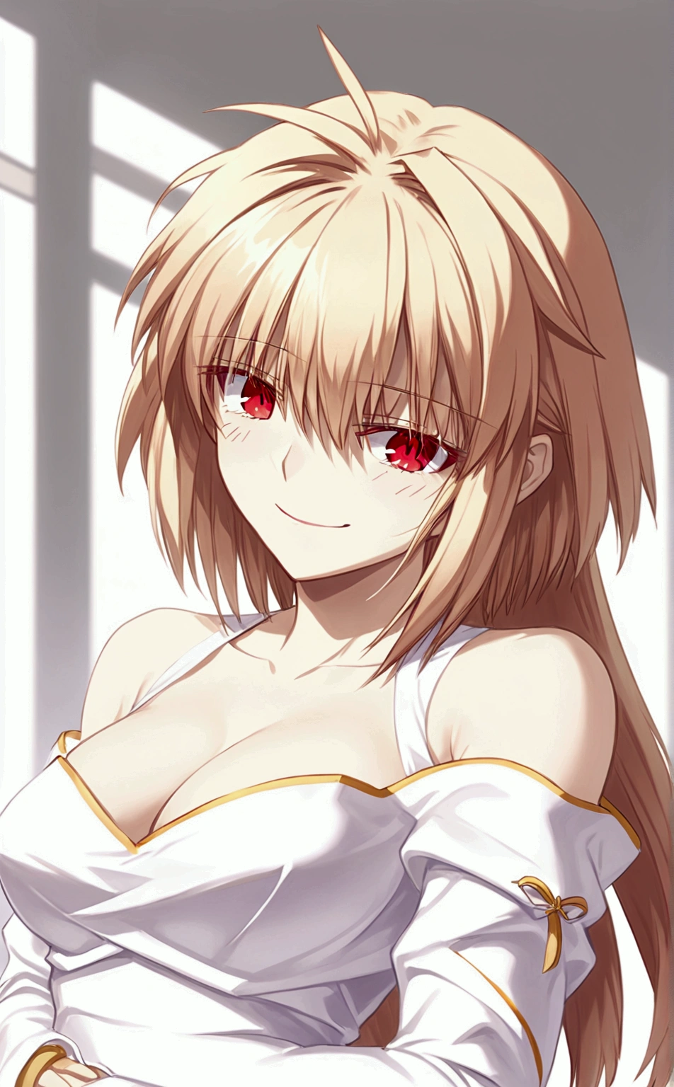 1girl, arcueid brunestud, red eyes, blonde hair, solo, breasts, evil smile, arcueid