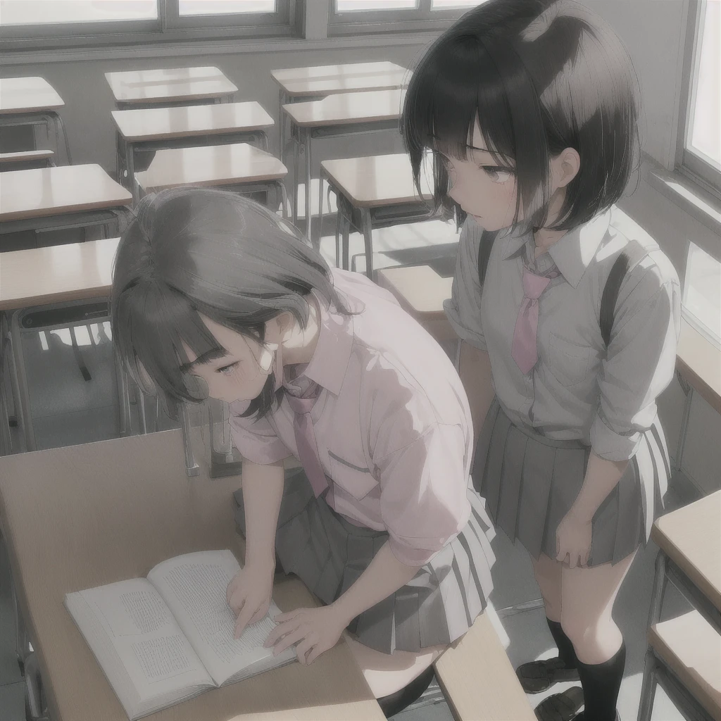 Asian teen, sharp face, small nose, pink small lips, grey asian eyes, grey short bangs, white school shirt, pink short tie, grey short skirt, short white socks, black fancy shoes, writing in a book on a classroom table, side profile view, window view