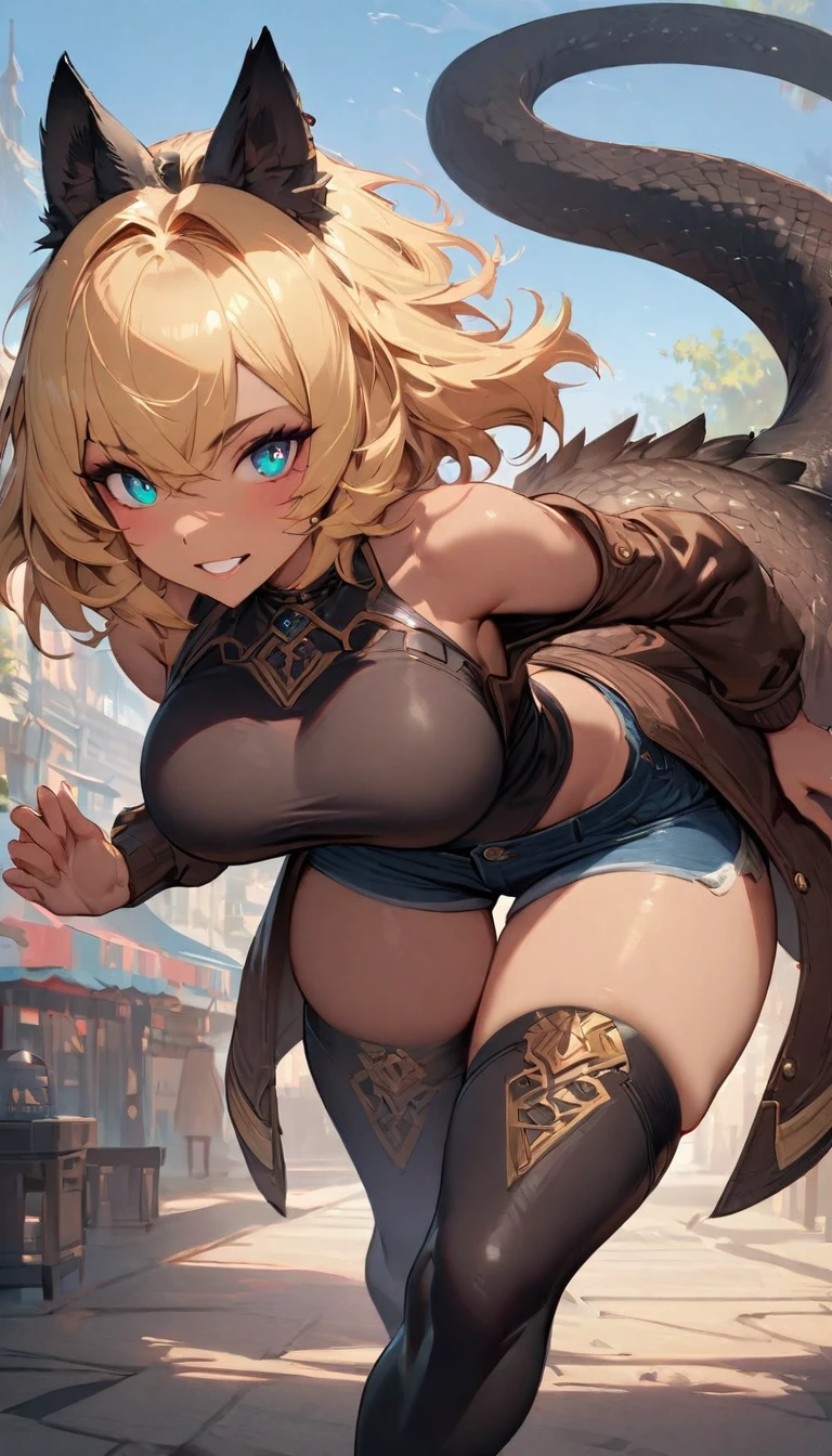 best quality,4k,8k,highres,masterpiece:1.2),ultra-detailed, extremely detailed eyes, extremely detailed body, (large masterpiece digital art), (detailed manga illustration), (detailed line art), ((perfect anatomy)), (intricate details:1.3), (ultra-detailed:1.3), (illustration:1.3), (sharp focus:1.3), (natural lighting:1.05), (vivid colors:1.3), (masterpiece), (best quality:1.4), (perfect anatomy:1.4), high quality, expressive eyes, full body, detailed face, beautiful face, perfect face, 1 girl, tall girl, ((blonde hair)), (raven hair), multicolored hair, two-toned hair, {{pale skin}}, ({pale skinned female}), chimera, large breasts, thick thighs, very long hair, bare shoulders, denim, (short shorts), dynamic pose, silver jewelry, choker, animal ears, (lion ears), (((snake head tail))), (tail), ((streaked hair)), thigh-highs, horns, dragon horns, ((animal ears)), skindentation, curvy, monster girl, heterochromia, hooves, wings, dragon wings, claws, thigh gap, white shirt, brown leather jacket, dynamic lighting, cinematic lighting, smiling, ((fantasy town background)), curvy, Atey Ghailan, Jeremy Mann, Greg Manchess, Antonio Moro, trend in ArtStation, trend in CGSociety, Intricate, High Detail, Sharp focus, dramatic and photorealistic painting art by Midjourney and Greg Rutkowski, Jeff Bridges, ((cartoon style)), Marvel Cinematic Universe style