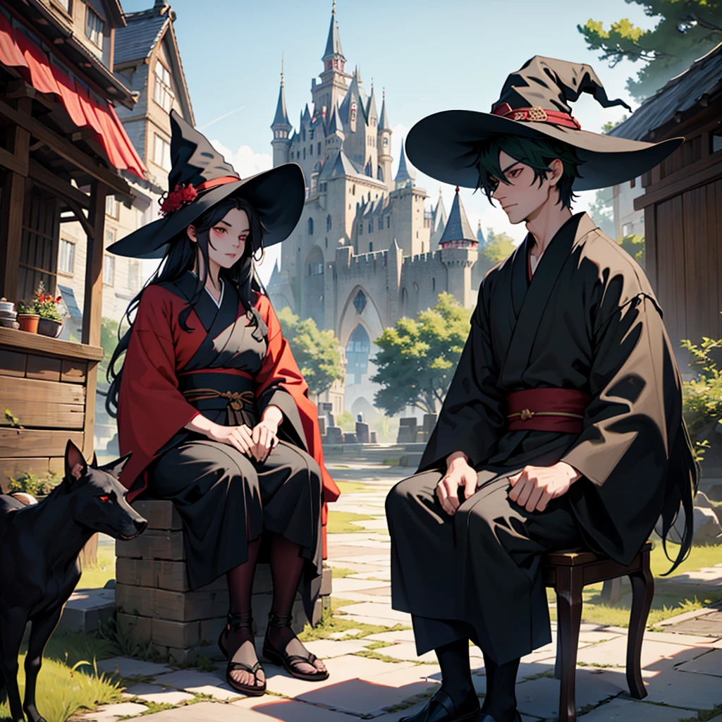 make a 29 year old witch girl with long dark hair and light red eyes wearing a black tunic and a witch hat sitting next to a 30 year old boy with short green hair and light eyes wearing a kimono in front of a medieval square with people and a castle and animals in the background 