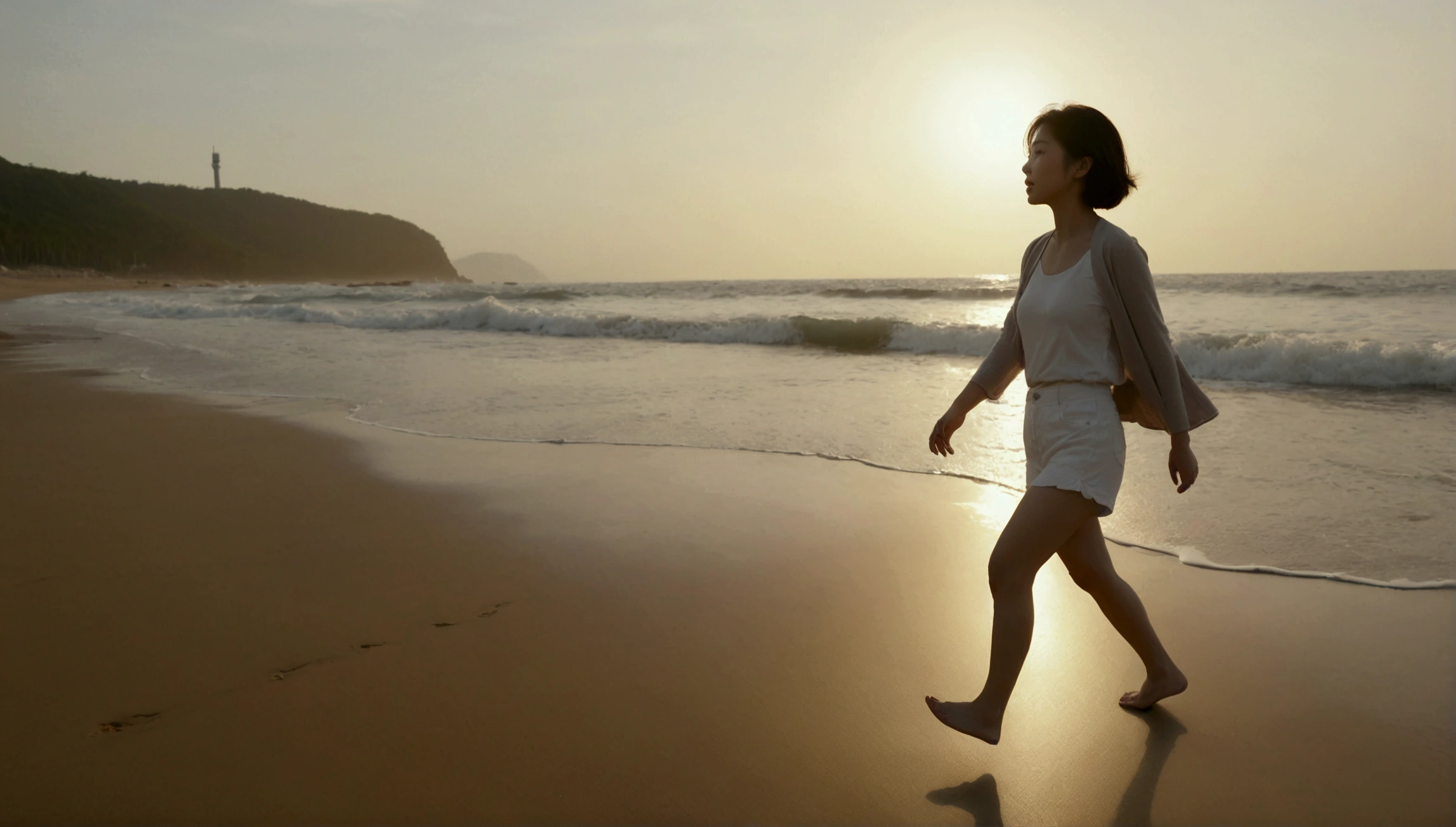 8k, realistic, lifelike photo, Realistic appearance of nature, beach at sunset, pale light, 36 year old Korean woman, short medium hair, woman walking along the beach. Close-up from afar with a wide-angle lens, tower, White shorts, waves crashing
