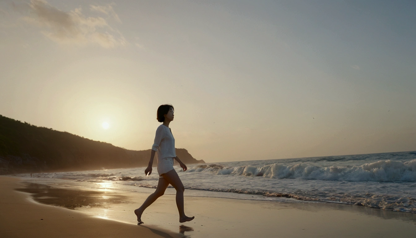 8k, realistic, lifelike photo, Realistic appearance of nature, beach at sunset, pale light, 36 year old Korean woman, short medium hair, woman walking along the beach. Close-up from afar with a wide-angle lens, tower, White shorts, waves crashing