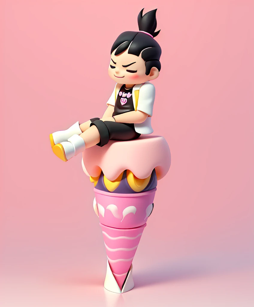 ice cream, solo, 1boy, male focus, food, closed eyes, simple background, boots, ice cream cone, sitting, smile, crossed legs, black hair, pink background, spiked hair