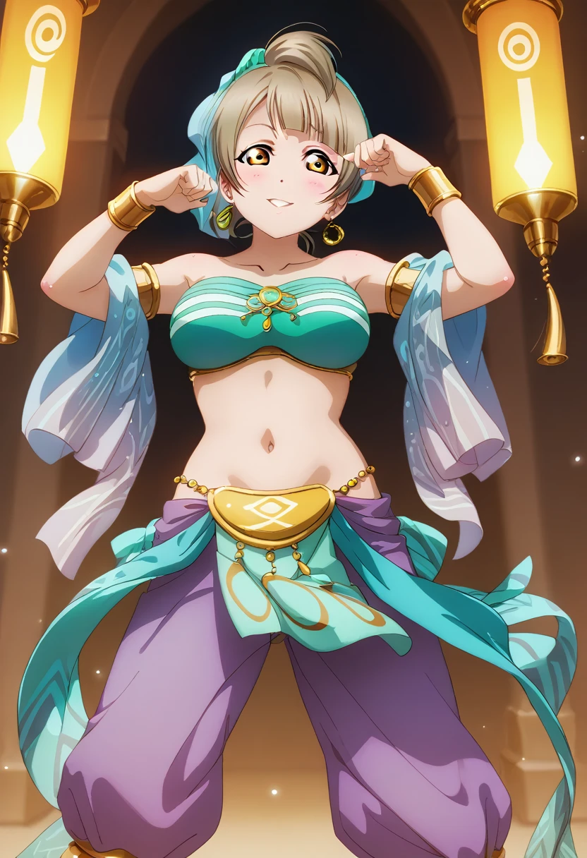 masterpiece, best quality, highres, minami kotori, looking at viewer, 
love live!, strapless top,harem pants , pelvic curtain,busty breasts , hourglass figure , Pharos pose, front view , standing 